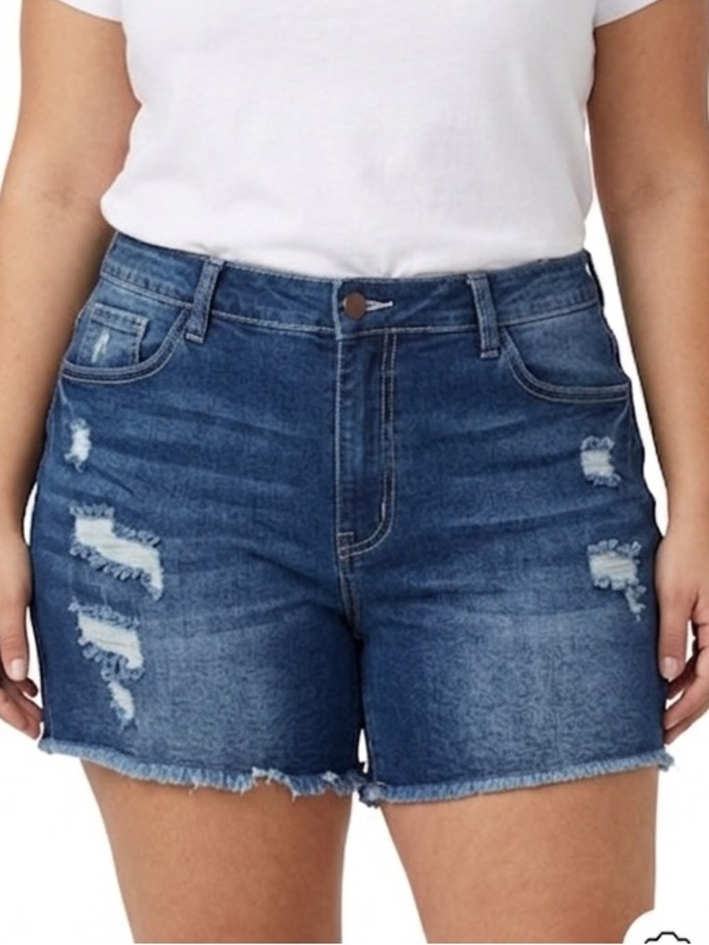 Women’s Dark Blue Distressed Denim Mesh On Pockets Shorts Size XXL